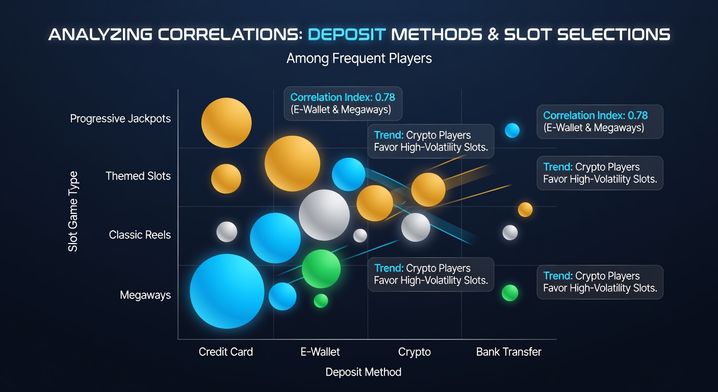 Infographic showing deposit method icons connected to various slot game themes and volatility levels among frequent players