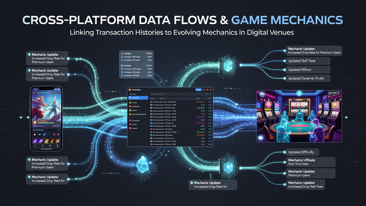 Cross-platform data visualization showing transaction flows connecting to game mechanics in digital gaming environments