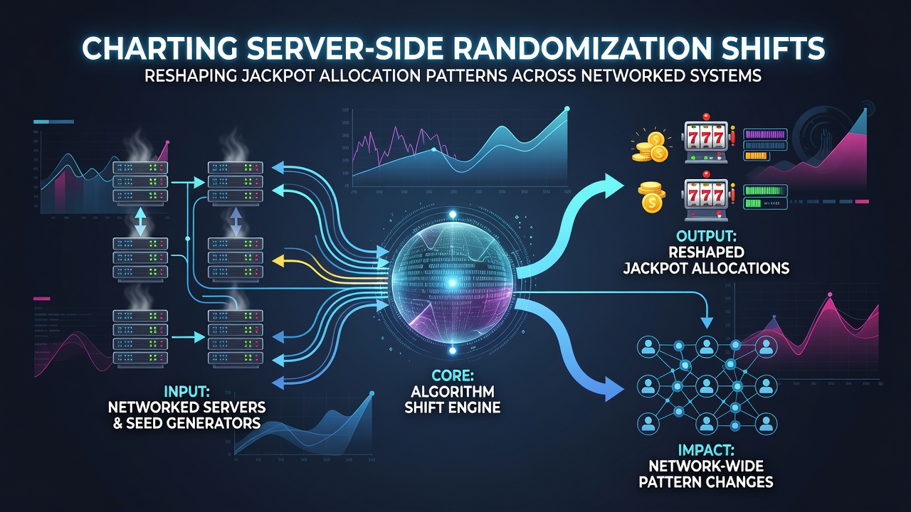 Data visualization of jackpot allocation flows between networked casino servers showing randomized distribution patterns