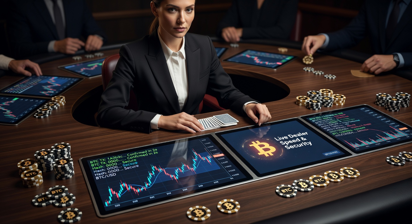 Dynamic live dealer blackjack table with Bitcoin lightning bolt overlay symbolizing fast crypto transactions