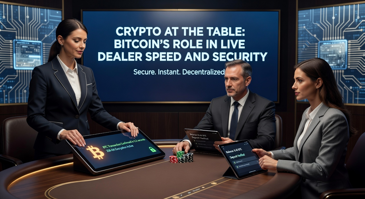 Secure Bitcoin blockchain nodes connecting to a live casino interface, highlighting encryption layers