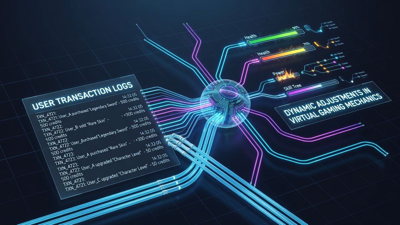 Data pathways visualization showing transaction logs connecting to virtual gaming adjustments