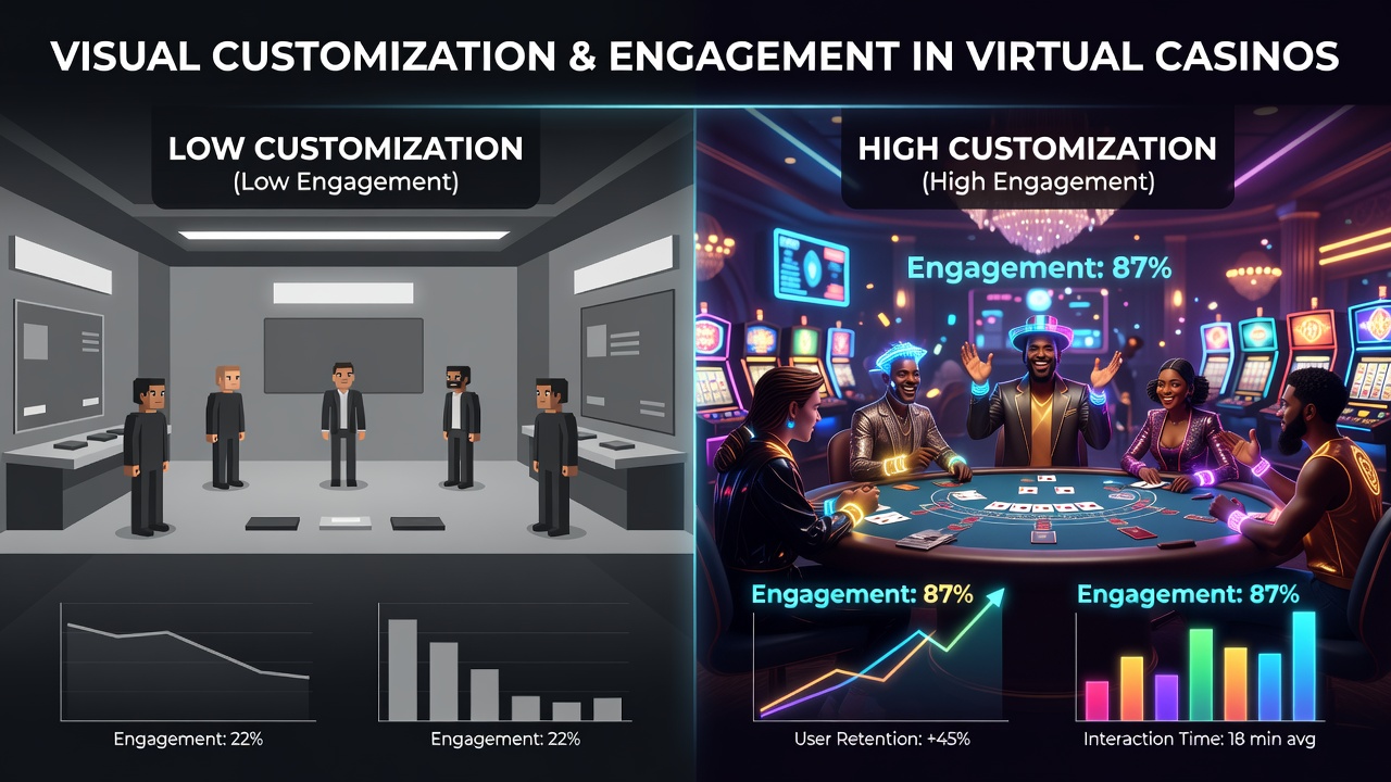 Visual customization interface in a virtual casino showing theme and color options