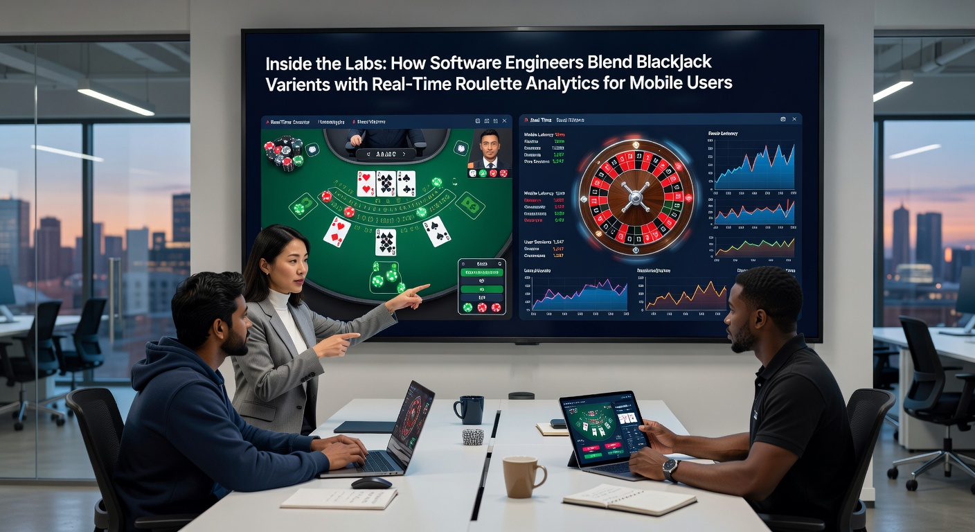 Software engineers analyzing blackjack variants and roulette data streams in a modern development lab
