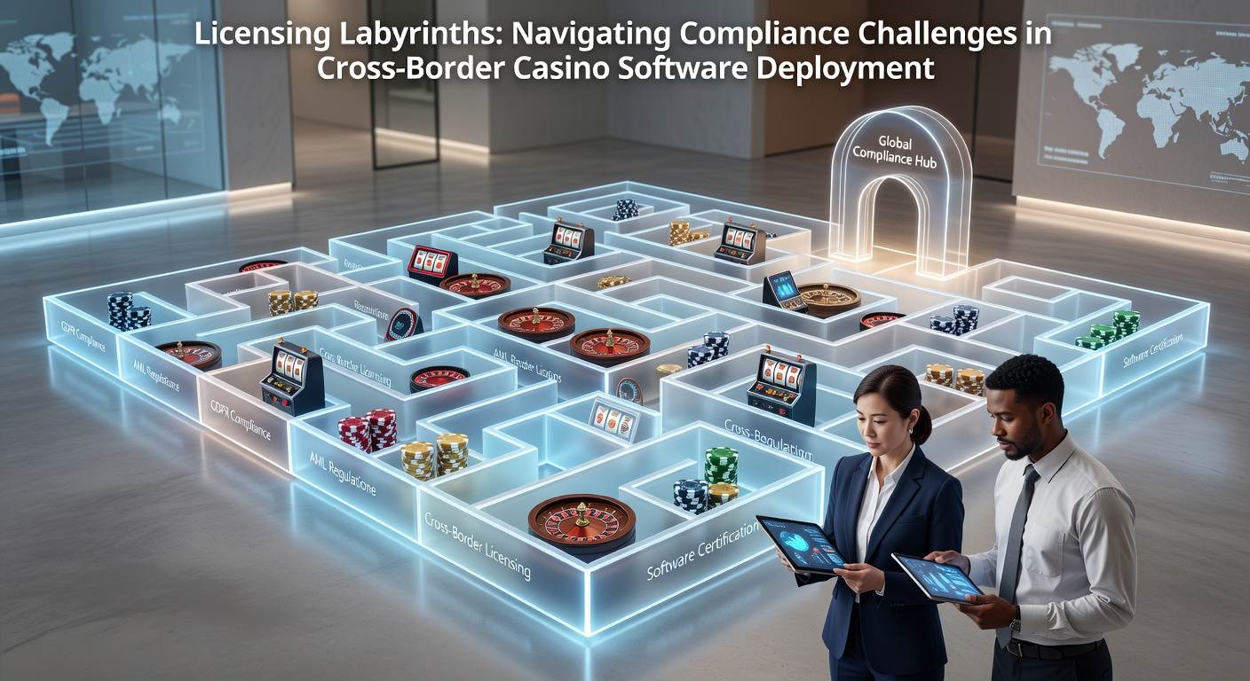 Cross-border casino software deployment showing regulatory documents and global maps on a digital interface