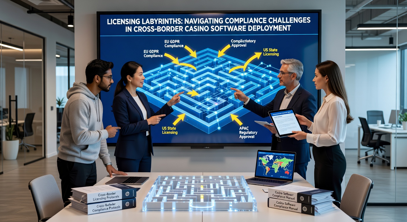 Casino software engineers reviewing compliance checklists and certification reports in a modern office setting